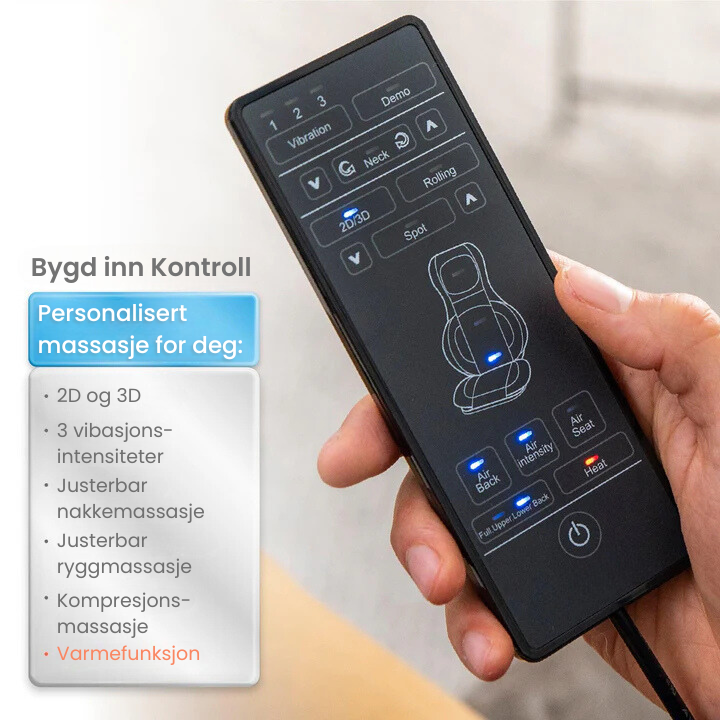 Fjernkontroll for Zenova massasjestol med 2D og 3D massasje, vibrasjonsnivåer og varmefunksjon. Enkel justering for personlig komfort.