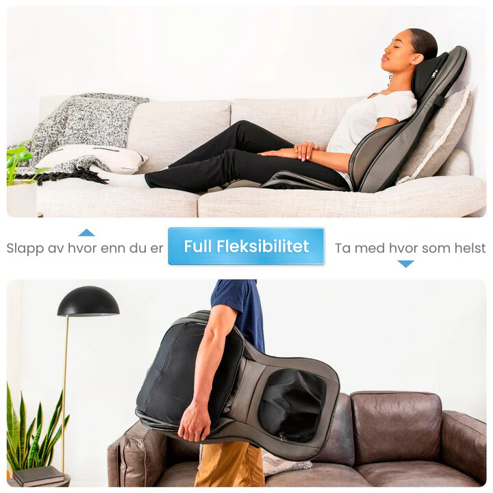 Zenova massasjestol gir full fleksibilitet med bærbart design. Perfekt for bruk hjemme, på kontoret eller på reise.