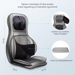 Detaljert oversikt over Zenova massasjestol med flyttbart nakketrekk og intensitetskontroll. Ergonomisk design for optimal komfort.