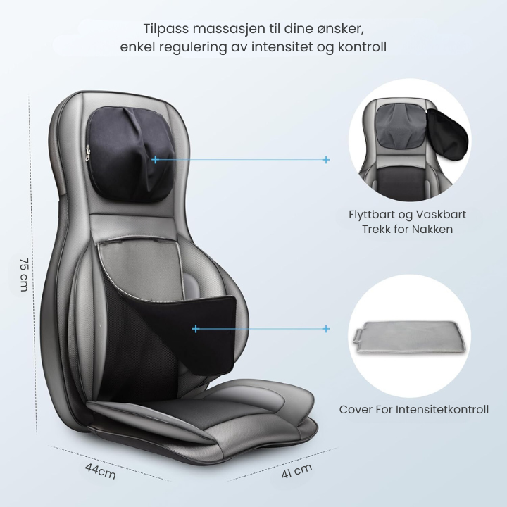 Detaljert oversikt over Zenova massasjestol med flyttbart nakketrekk og intensitetskontroll. Ergonomisk design for optimal komfort.
