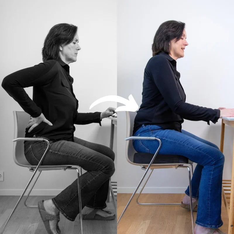 Kvinne som sitter på kontorstol med sin ergonomiske sittepute