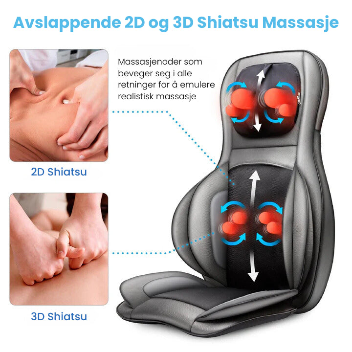 Illustrasjon av 2D og 3D Shiatsu-massasje i Zenova massasjestol. Massasjehoder beveger seg i flere retninger for realistisk opplevelse.